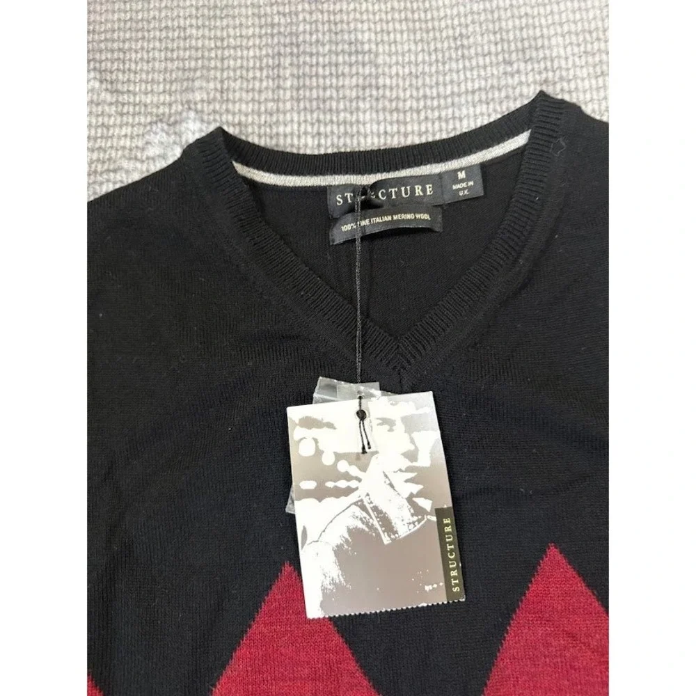 Structure Mens Argyle V-Neck Sweater Black Red Grey Italian‎ Merino Wool M Y2K